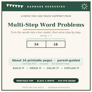 Puede incluir: Un recurso educativo imprimible titulado Multi-Step Word Problems de Dadmade Resources. El documento presenta un diagrama de barras con los números 24 y 18, instrucciones para 4º-5º grado, 16 páginas y el texto Build It, Draw It, Solve It, Explain It.