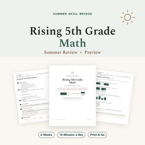 Könnte beinhalten: Ein Summer Skill Bridge Rising 5th Grade Math Arbeitsheft mit einem Deckblatt inklusive Sonnensymbol und drei Innenseiten, die mathematische Übungen wie Reading & Writing Big Numbers und Summer Start Check für 8 Wochen zeigen.
