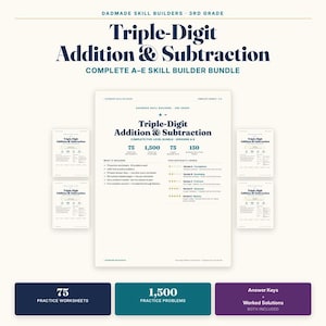 Op de afbeelding: Een bundel educatief materiaal voor wiskunde in groep 3, met de titel "Triple-Digit Addition & Subtraction". Het hoofddocument bevat 75 oefenbladen, 1.500 oefenopgaven en antwoordsleutels.