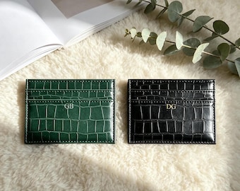 Tarjetero de piel de cocodrilo con nombre personalizado / Cartera delgada de piel personalizada, regalo para hombres y mujeres / Idea de regalo de aniversario / Regalo de Navidad