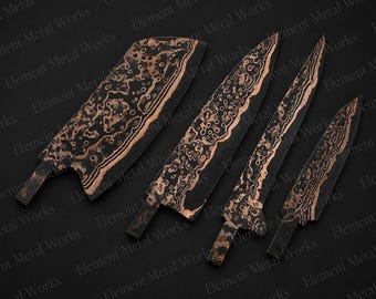 4-Piece Damascus Steel Chef Knife Set | Copper Damascus Kitchen Knives | Handmade Chef, Cleaver, Utility & Boning Knife Set | Professional