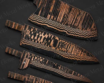 4-Piece Damascus Steel Chef Knife Set | Copper Damascus Kitchen Knives | Handmade Chef, Cleaver, Utility & Boning Knife Set | Professional
