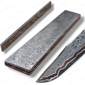 May include: Three pieces of Damascus steel metal stock. One long, thin rectangular bar with a dark, intricate pattern. One wide, thick rectangular block with a mottled grey surface. One knife blade featuring a wavy copper and dark steel pattern.