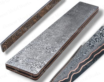 Copper Damascus San Mai Bar | High Carbon Core Billet for Knife Making | Handmade San Mai Damascus Steel Blank  Custom Knife Making Material