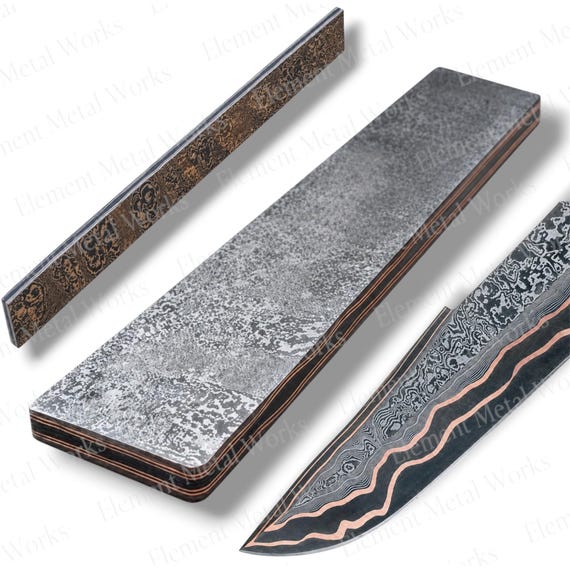 Copper Damascus San Mai Bar | High Carbon Core Billet for Knife Making | Handmade San Mai Damascus Steel Blank  Custom Knife Making Material