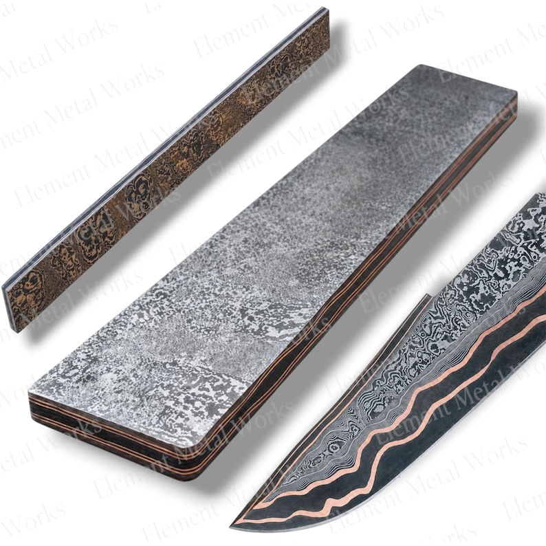 May include: Three pieces of Damascus steel metal stock. One long, thin rectangular bar with a dark, intricate pattern. One wide, thick rectangular block with a mottled grey surface. One knife blade featuring a wavy copper and dark steel pattern.