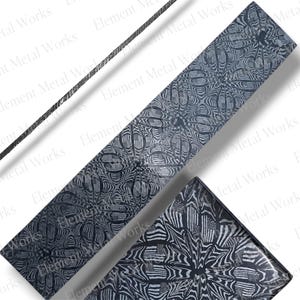 May include: A rectangular metal bar and a smaller square metal piece, both featuring a dark gray and black Damascus steel pattern with repeating American flag motifs integrated into the intricate, swirling, and layered metal design.