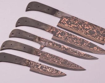 Set of Copper Damascus Chef Knife Blanks, Handmade Forged Damascus Steel Blade Blanks, Chef Knife Making Supply, Custom Kitchen Knife Blades