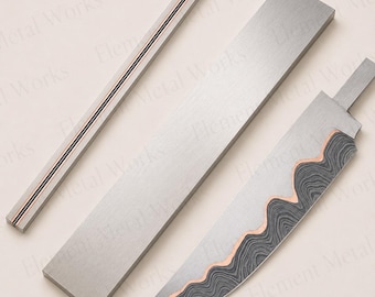 Copper Damascus San Mai Bar | High Carbon Core Billet for Knife Making | Handmade San Mai Damascus Steel Blank  Custom Knife Making Material