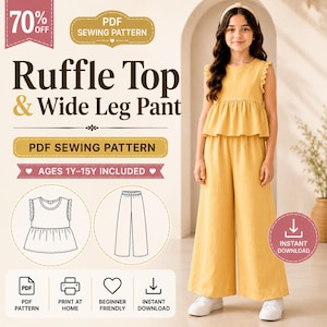 May include: A PDF sewing pattern for a mustard yellow ruffle top and wide leg pant set. The text reads Ruffle Top & Wide Leg Pant, PDF Sewing Pattern, Ages 1Y-15Y Included, Instant Download, PDF Pattern, Print At Home, Beginner Friendly.