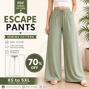 May include: A PDF sewing pattern for Escape Pants, featuring a wide-leg design with an elastic waistband and drawstring. The document includes step-by-step instructions for sizes XS to 5XL, with printable formats for A4, US Letter, and A0 paper sizes.