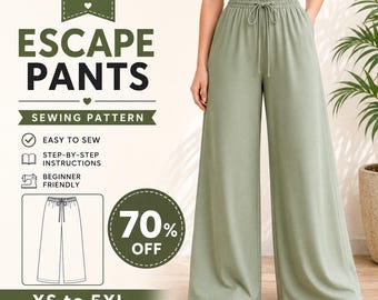 Schnittmuster für weite Hosen (PDF) | Leinenhosen-Schnittmuster | Freizeithose | Hose mit elastischem Bund und Kordelzug | XS-5XL | A4 US Letter A0