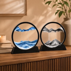 5 Inch Moving Sand Art, Flowing Sandscape Decor, Liquid Hourglass Art, Blue or Black Sand, Round Quicksand Frame, Desk Decor Gift