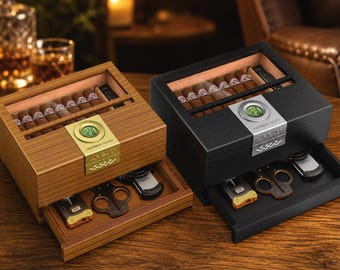 Humidor de madera de cedro para puros con cajón higrómetro y separador, estuche de escritorio para guardar puros, regalo para amantes de los puros.