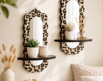 Leopardmönstrad väggspegel med hylla Boho flytande väggdekor för sovrum, badrum, lägenhetsinredning