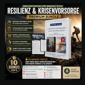 May include: A promotional bundle with the title "Resilience & Crisis Preparedness" in German. The image features a book, tablet, and smartphone, along with icons and text highlighting e-books, checklists, and emergency planning resources. A person is climbing a mountain.