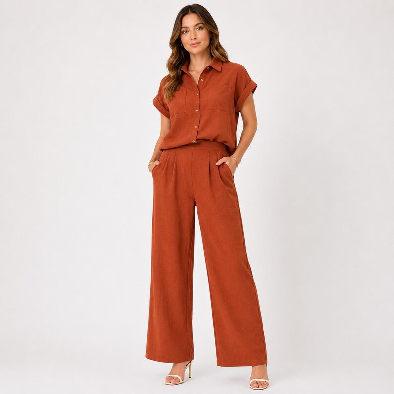 May include: A rust-colored two-piece set consisting of a short-sleeved button-down shirt with a collar and a chest pocket, paired with matching high-waisted wide-leg trousers featuring side pockets and a pleated front design.