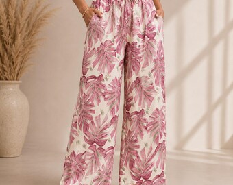 Womens Wide Leg Palazzo Pants Floral Print High Waisted Drawstring Lounge Pants Summer Beach Vacation Casual Loose Trousers Resort Wear