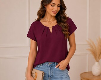 Women's Elegant Summer Blouse, Pleated Front Short Sleeve Shirt, Office Wear Tunic, Loose Casual Top, Business Casual Clothing