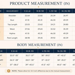 May include: A size chart with dark blue headers and cream-colored rows displaying product measurements for tops and pants, and body measurements in inches for sizes S through XXL. The table includes specific numerical values for shoulder, bust, waist, and hip.