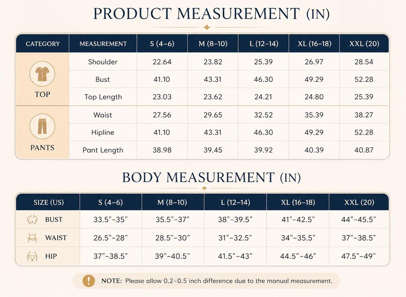 May include: A size chart with dark blue headers and cream-colored rows displaying product measurements for tops and pants, and body measurements in inches for sizes S through XXL. The table includes specific numerical values for shoulder, bust, waist, and hip.