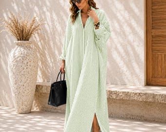 Women's Loose Fit Long Sleeve Maxi Dress | Striped Button Down Shirt Dress | Resort Vacation Beachwear