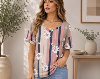 Women’s Casual V Neck Top | Printed Summer Blouse | Loose Fit Short Sleeve Shirt | Cute Everyday Tee | Vacation Travel Outfit