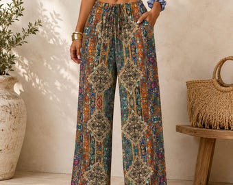 Women’s Boho Wide Leg Pants, Flowy Palazzo Lounge Trousers, Elastic Waist Drawstring Pants, Casual Beach Vacation Outfit