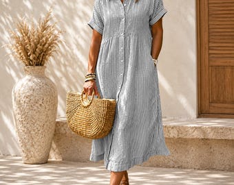 Women's Button Down Striped Midi Dress | Lightweight Summer Shirt Dress with Pockets | Casual Beach Vacation Outfit