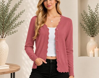 Women’s Button Front Cardigan, Scalloped Edge Knit Sweater, Lightweight Long Sleeve Top, Casual Chic Layering Sweater