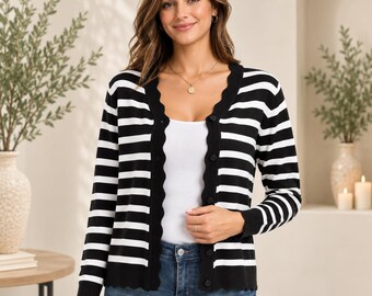 Women’s Scalloped Cardigan Sweater, Button Front Knit Cardigan, Lightweight Long Sleeve Sweater, Casual Layering Top