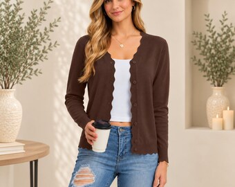 Scalloped Edge Cardigan for Women, Button Front Sweater, Soft Knit Long Sleeve Cardigan, Casual Everyday Layering Top
