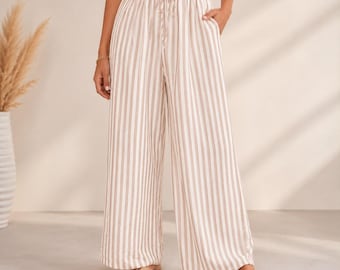 Womens Flowy Wide Leg Pants Floral Print High Waisted Palazzo Pants Casual Summer Beach Vacation Travel Lounge Trousers