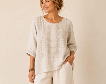 Boho Embroidered Blouse Women, Linen Look Summer Shirt, Loose Fit Tunic Top, Casual Everyday Clothing