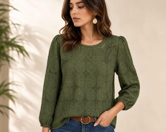 Womens Floral Lace Blouse, Long Sleeve Eyelet Top, Puff Sleeve Shirt, Casual Fall Blouse, Dressy Casual Tunic, Boho Top, Elegant Work Blouse