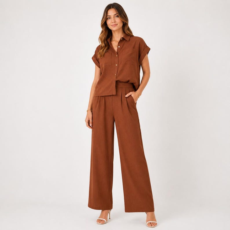 May include: A two-piece set in a solid rust-brown color consisting of a short-sleeved button-down shirt with a collar and a chest pocket, paired with high-waisted wide-leg trousers featuring a pleated front and side pockets.