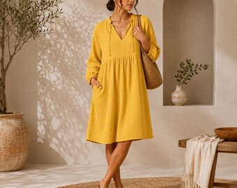 Women’s Boho Tunic Dress, Loose Fit Long Sleeve Mini Dress with Pockets, Casual Summer Shift Dress