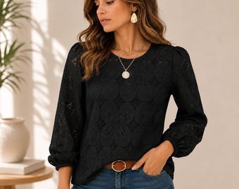 Women's Dressy Casual Floral Blouse, Lace Eyelet Puff Sleeve Top, Trendy Spring Summer Fall Shirt, Elegant Everyday Fashion Top