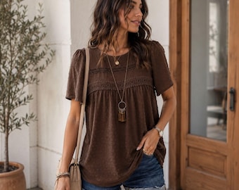 Boho Lace Hem Top for Women, Summer Chiffon Blouse, Casual Crew Neck Shirt, Flowy Loose Fit Tunic, Vacation Outfit