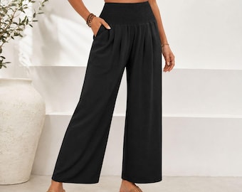 Wide Leg Palazzo Pants for Women, High Waisted Smocked Waist Trousers, Casual Summer Lounge Pants with Pockets, Vacation Beach Wear