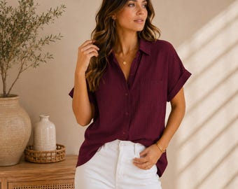 Women’s Blue Button Down Blouse, Roll Up Sleeve Casual Shirt, Loose Fit Lightweight Summer Top, Beach Vacation Outfit for Women