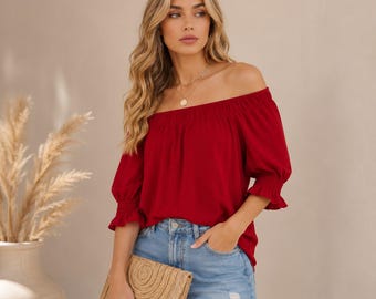 Off Shoulder Top for Women, Boho Blouse, Summer Puff Sleeve Top, Casual Loose Fit Shirt, Floral Peasant Blouse, Beach Vacation Top