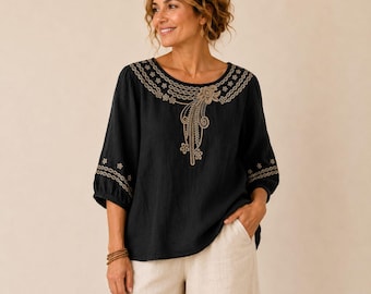 Boho Embroidered Blouse Women, Linen Look Summer Shirt, Loose Fit Tunic Top, Casual Everyday Clothing