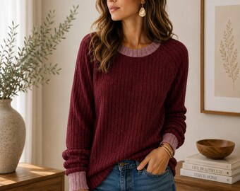 Women’s Ribbed Knit Pullover Sweater, Color Block Long Sleeve Crewneck Top, Soft Casual Fall Winter Sweater, Cozy Everyday Shirt
