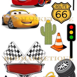 May include: A collection of cartoon-style cutouts featuring a red race car with number 95, a yellow sports car, a Route 66 road sign, a checkered flag, a green cactus, orange traffic cones, a traffic light, two crossed checkered flags, a trophy, and tires.