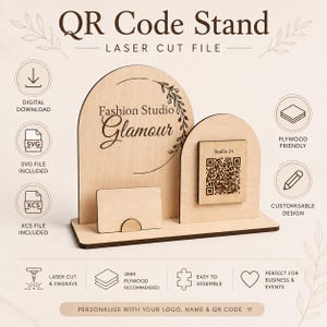 May include: A light-colored wooden QR code stand featuring two arched panels on a rectangular base. The larger panel displays the text Fashion Studio Glamour with a leaf graphic, while the smaller panel holds a square QR code labeled Studio 24.