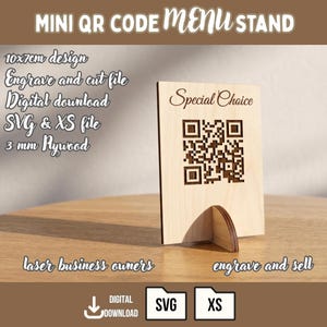 May include: A light-colored wooden mini QR code menu stand with a vertical rectangular sign featuring the text Special Choice above a square QR code. The sign is supported by a small, semi-circular wooden base piece. The design is 10x7cm.