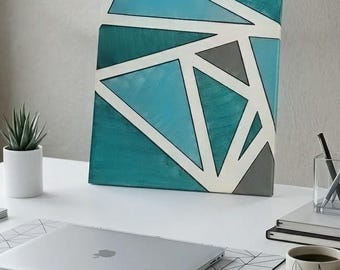 Oryginalny geometryczny abstrakcyjny obraz akrylowy „Zielona harmonia” – nowoczesna sztuka ścienna na płótnie (35x46 cm) – turkusowy, szmaragdowy i szary