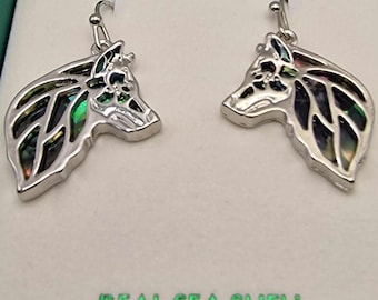 Paua Shell Wolf head drop earrings