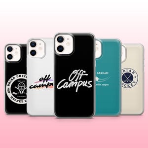 May include: A collection of phone cases with various designs. One case is black with white script reading "Off Campus." Other cases feature logos and text related to "Briar Hockey" and "Graham Off Campus."